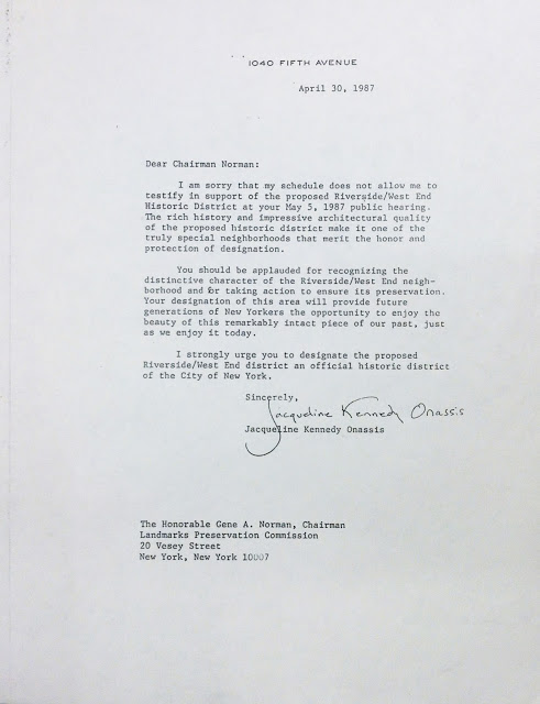 From the LW! Archives…1987 Letter from Jacqueline Kennedy Onassis Supporting the Original Riverside/West End Historic District