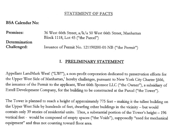 LW! May 2019 BSA Filing on 50 W. 66th Street