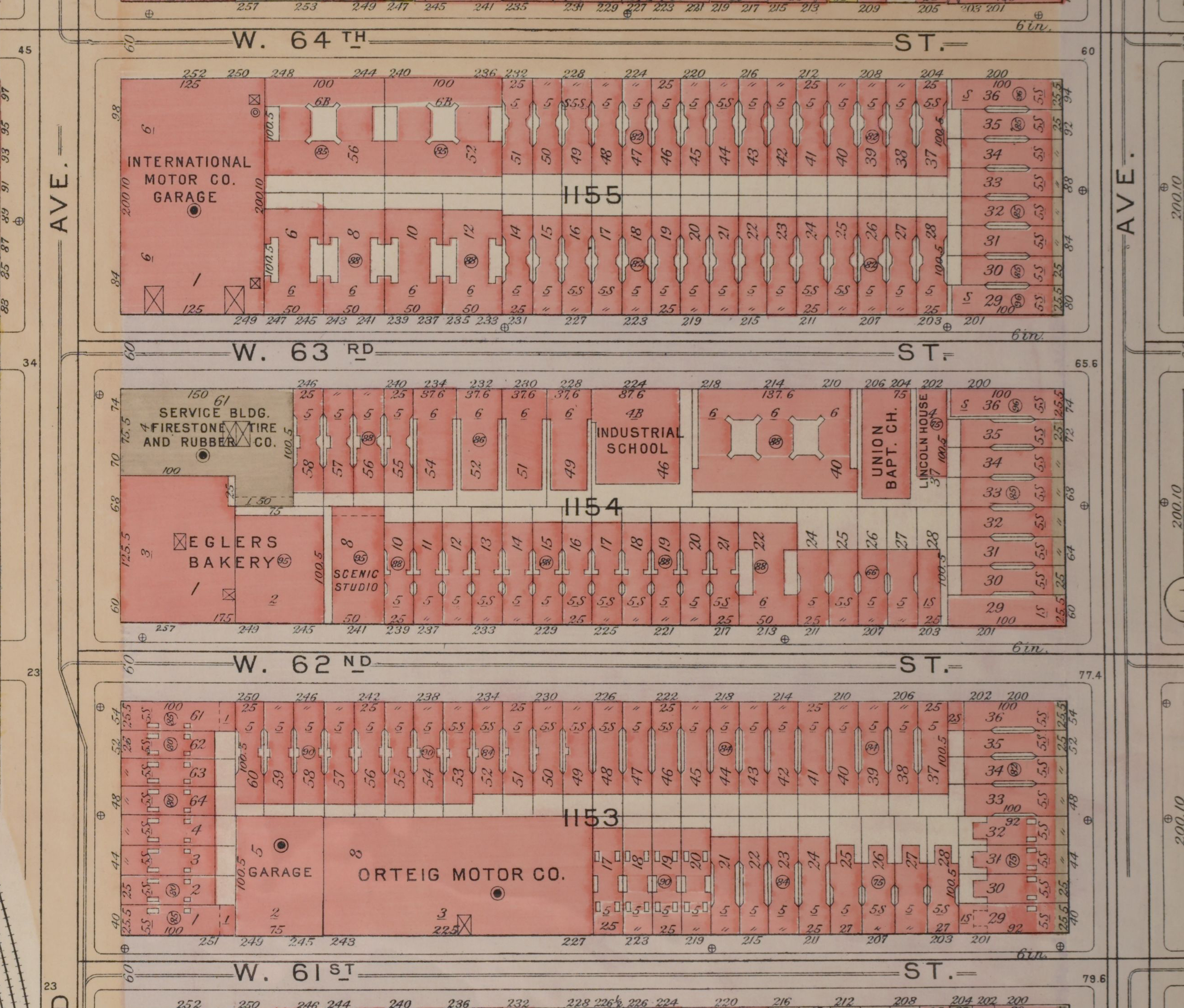 Color Section of 1955 Bromley Fire Insurance Map showing West 61st to West 64th Streets Between Amsterdam and West End Avenues