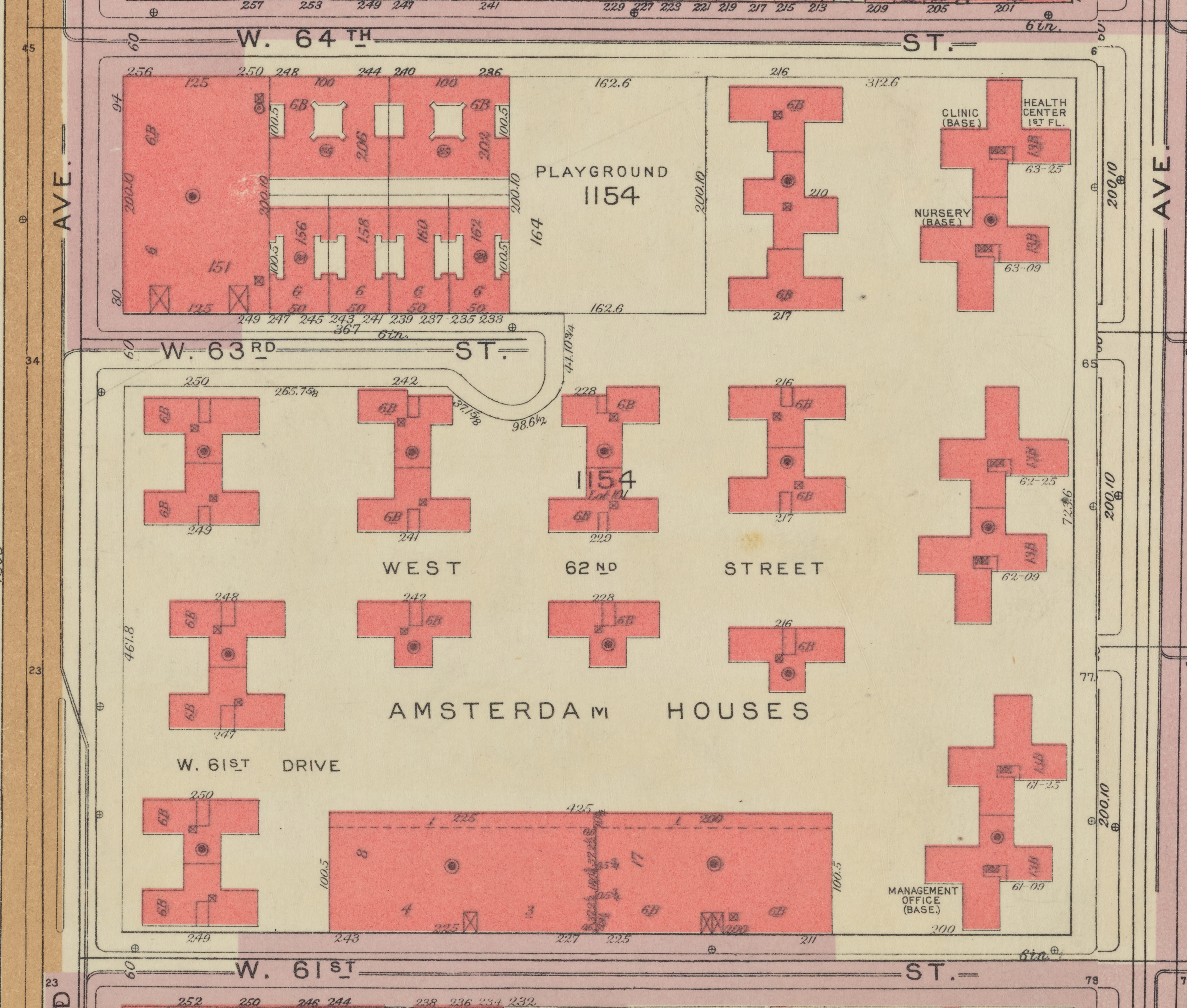 Color Section of 1955 Bromley Fire Insurance Map showing West 61st to West 64th Streets Between Amsterdam and West End Avenues