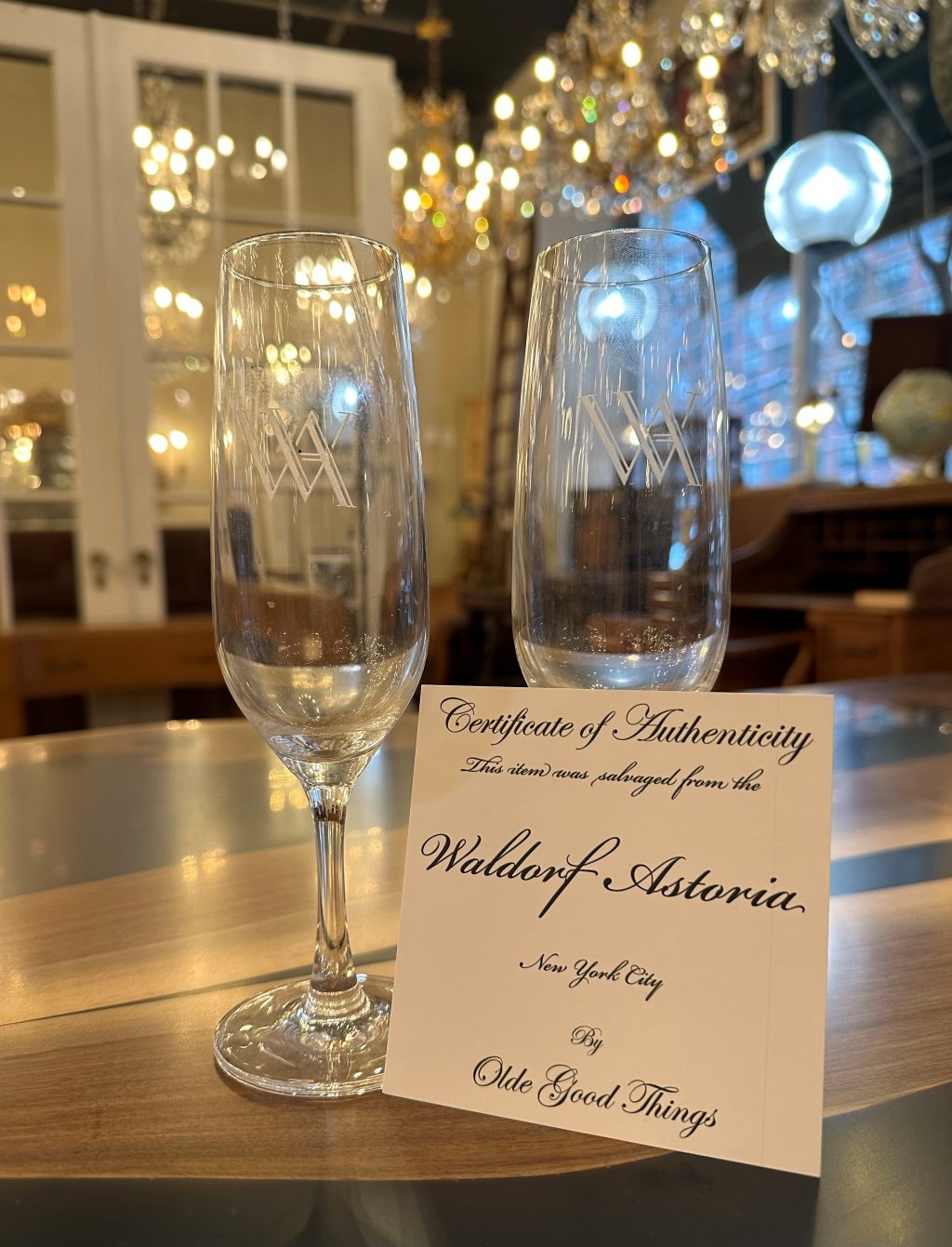 Photo of glassware from the Waldorf Astoria Hotel