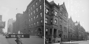 B&W Double image showing the First Battery Armory and Trinity Church